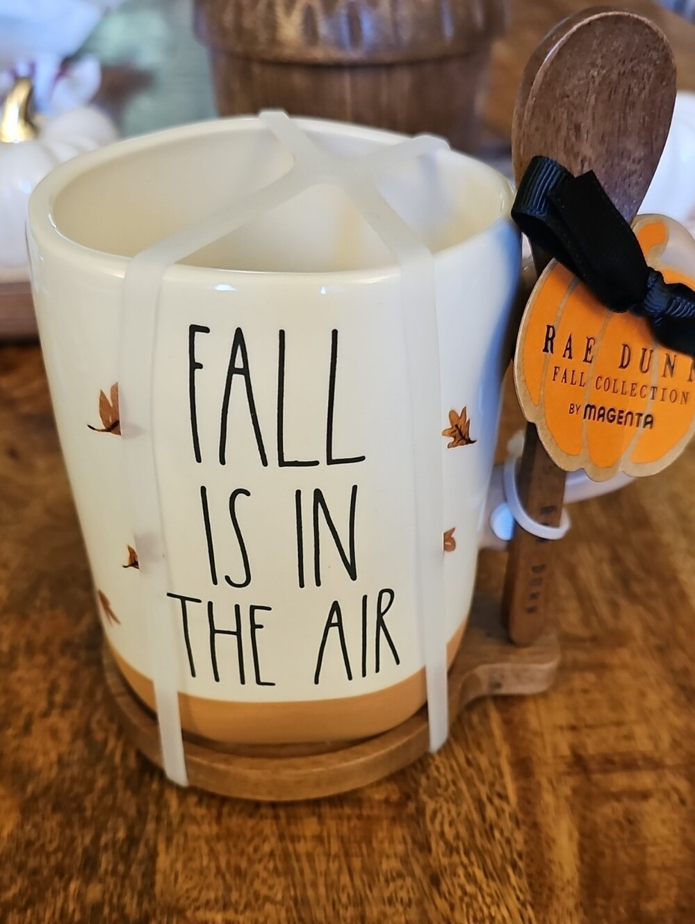 NWT Rae Dunn "Fall Is In The Air" Mug Set with Wooden Spoon & Coaster 🍂
